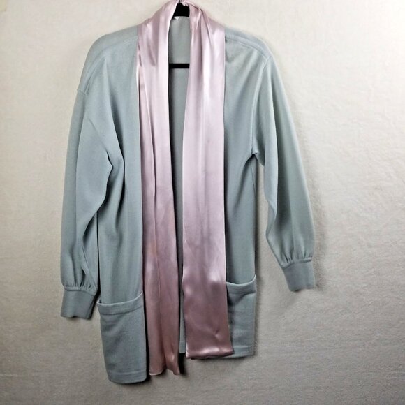 Escada Wool Long Sleeve Button Sweater coat Gray pink satin edging Womens 40 - Picture 1 of 11